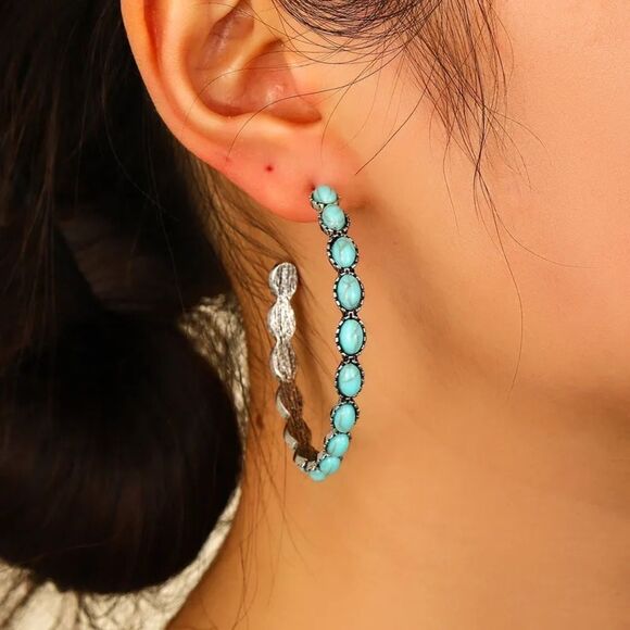 Turquoise Bohemian Metal Hoop Fashion Earring Boho Turquoise Hoop Drop Dangle - Picture 1 of 15